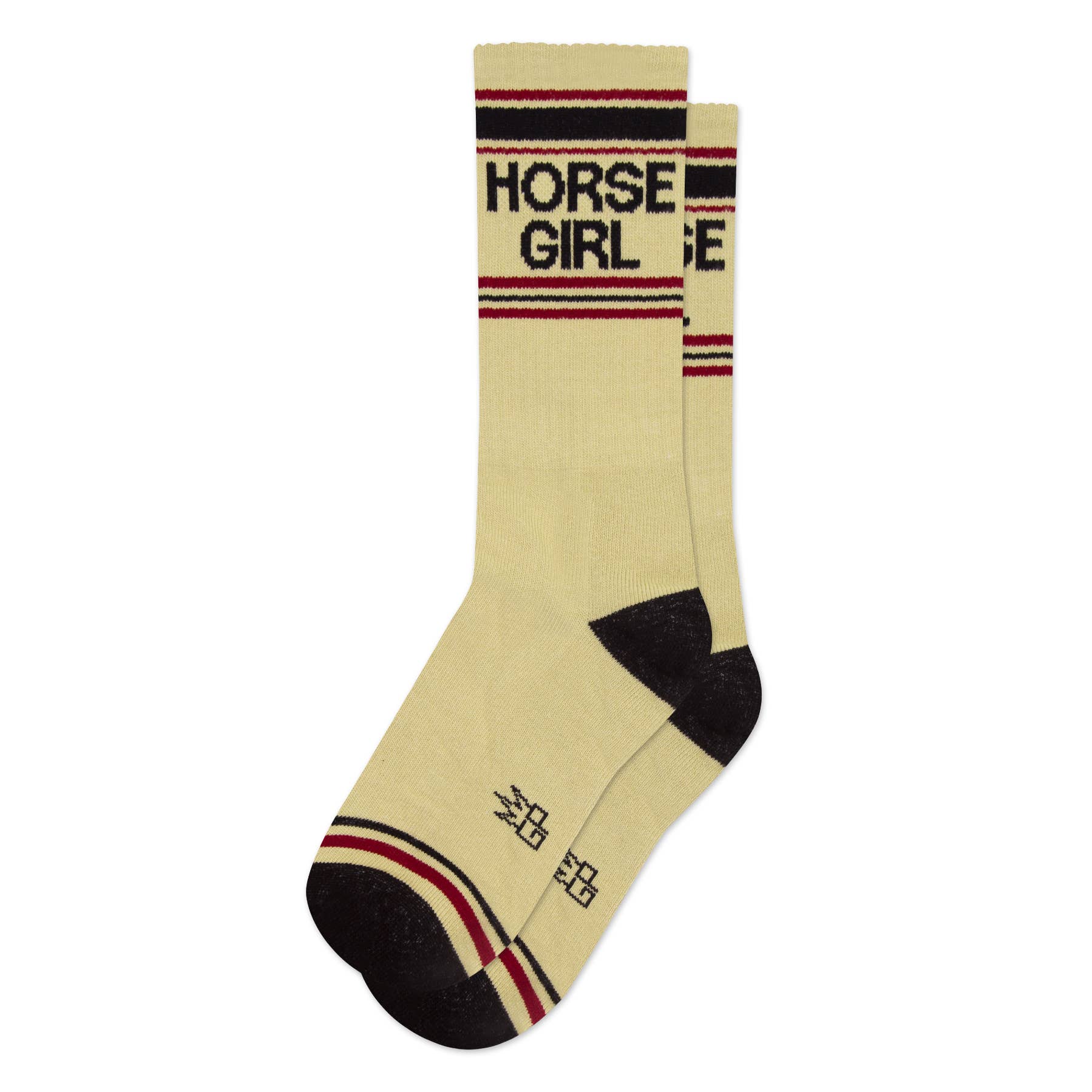 Horse Girl gym crew socks with HORSE GIRL knit in bold letters, by Gumball Poodle, from The Ruddy Duck in Whitefish, Montana