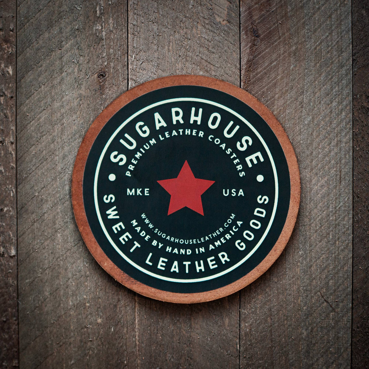 Howdy 4 inch leather coaster from The Ruddy Duck in Whitefish, Montana, alternate view