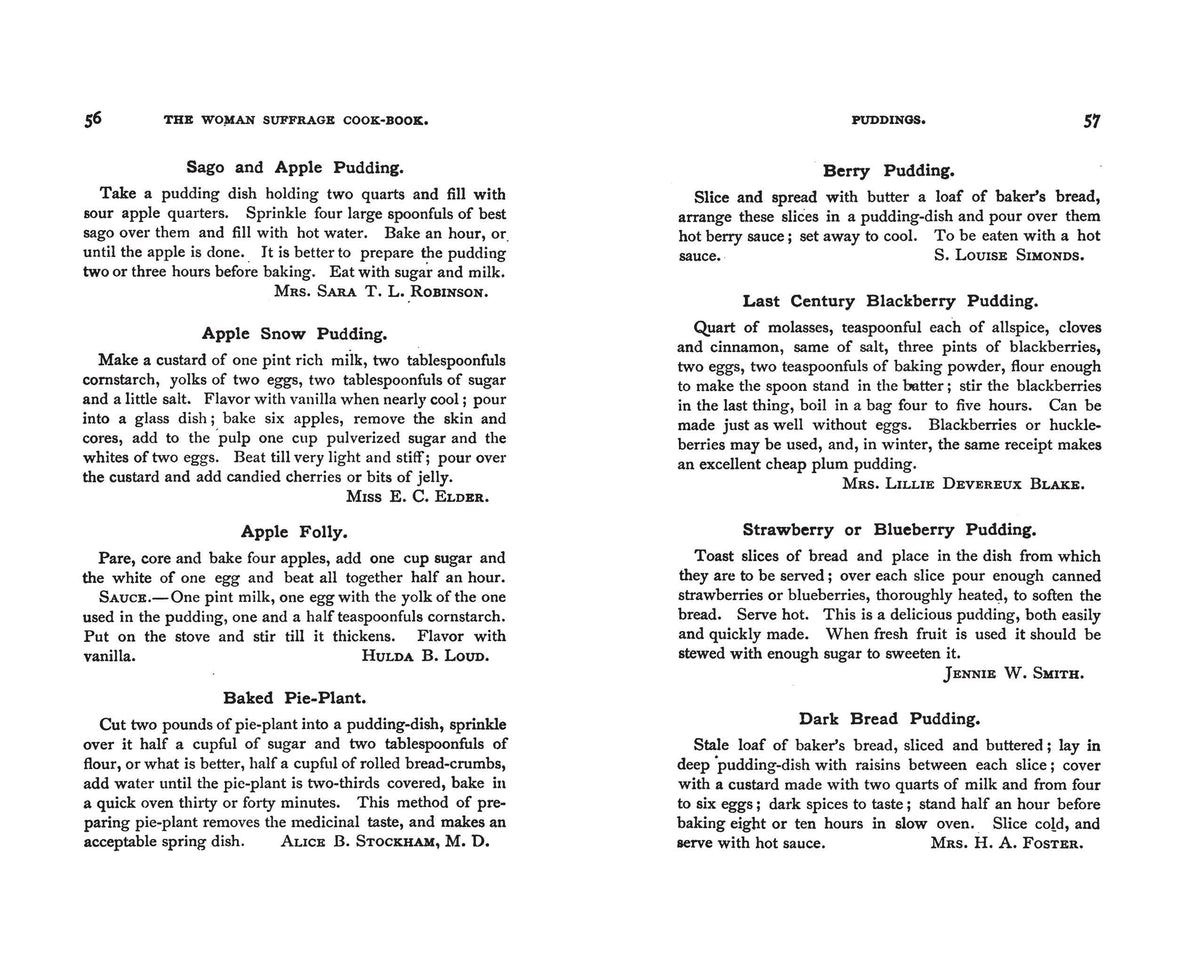 Interior spread of pudding recipes from The Woman Suffrage Cook Book