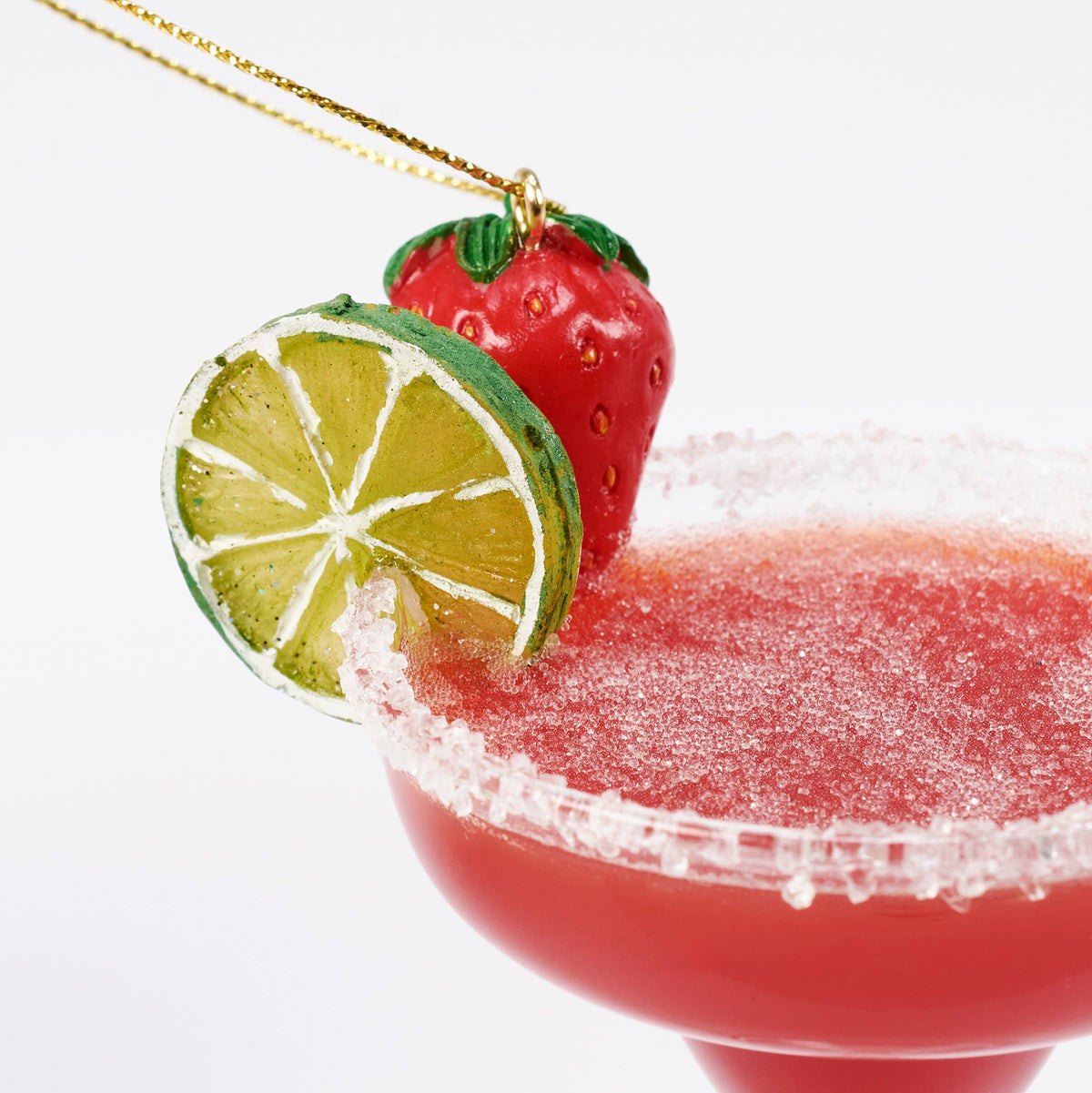 Glass strawberry margarita ornament, alternate view, from The Ruddy Duck in Whitefish, Montana