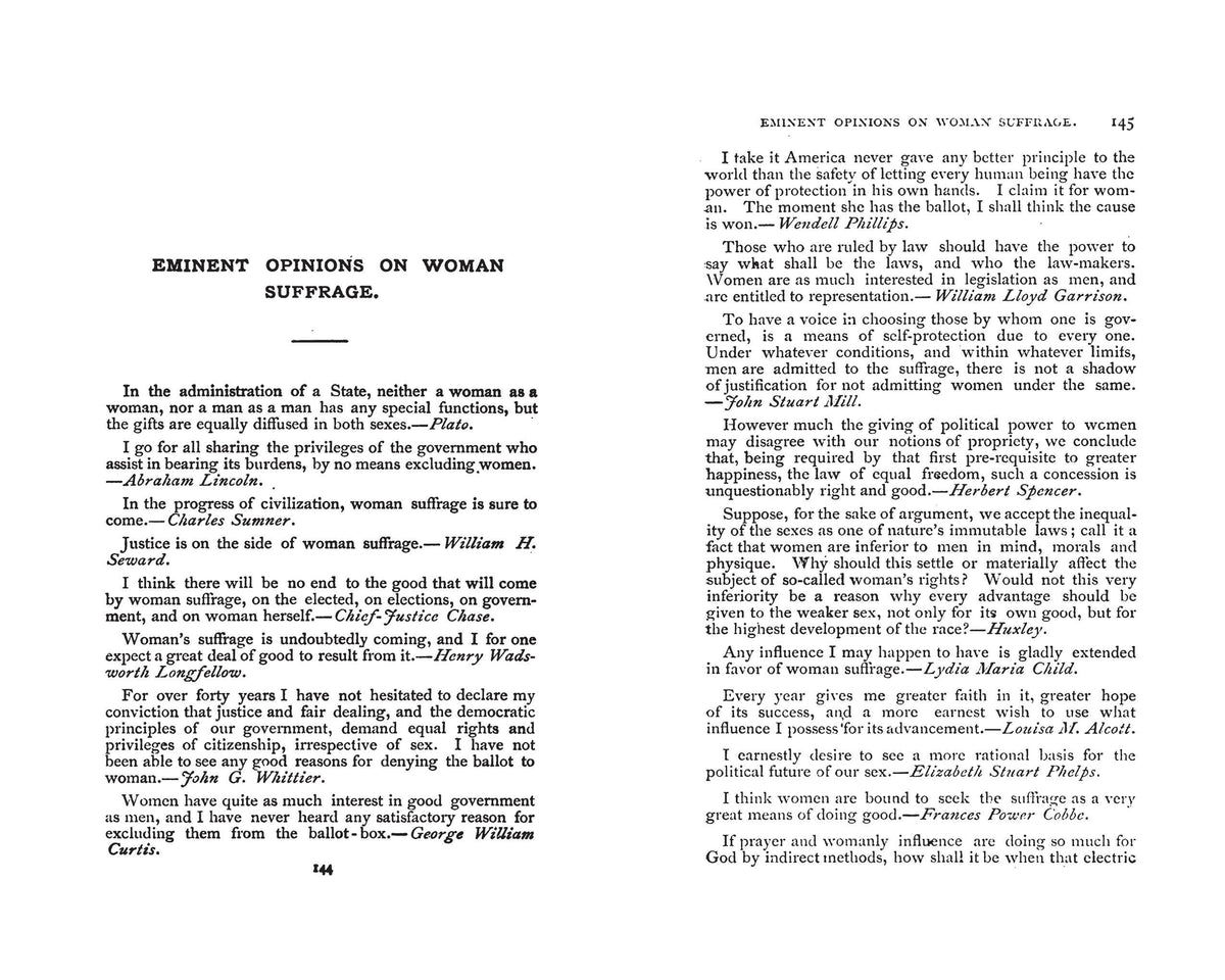 Interior spread of the Eminent Opinions on Woman Suffrage section