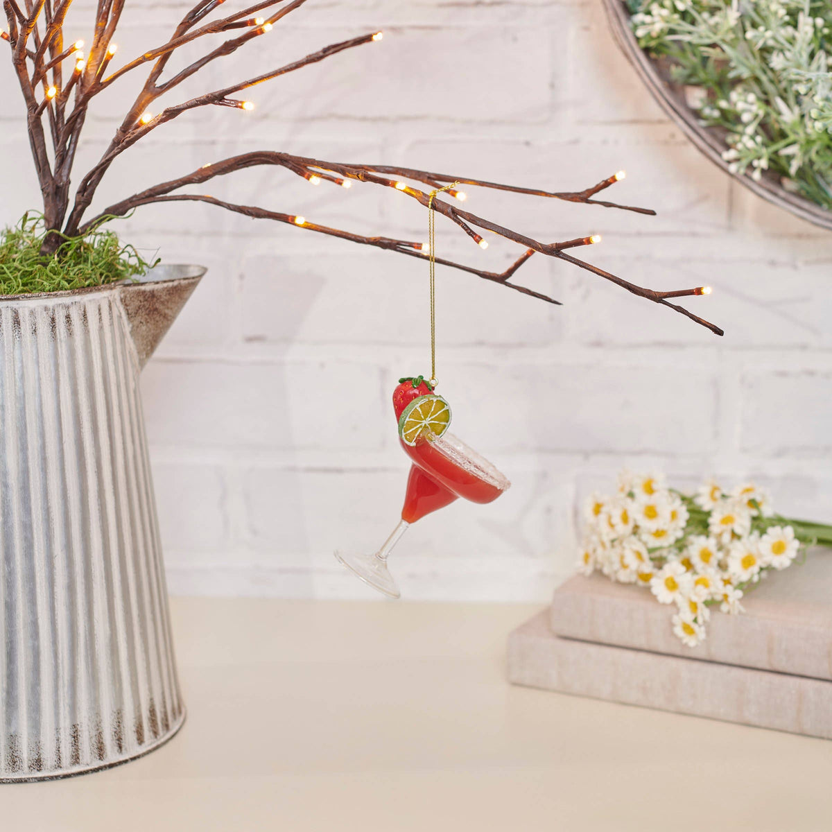 Glass strawberry margarita ornament, alternate view, from The Ruddy Duck in Whitefish, Montana