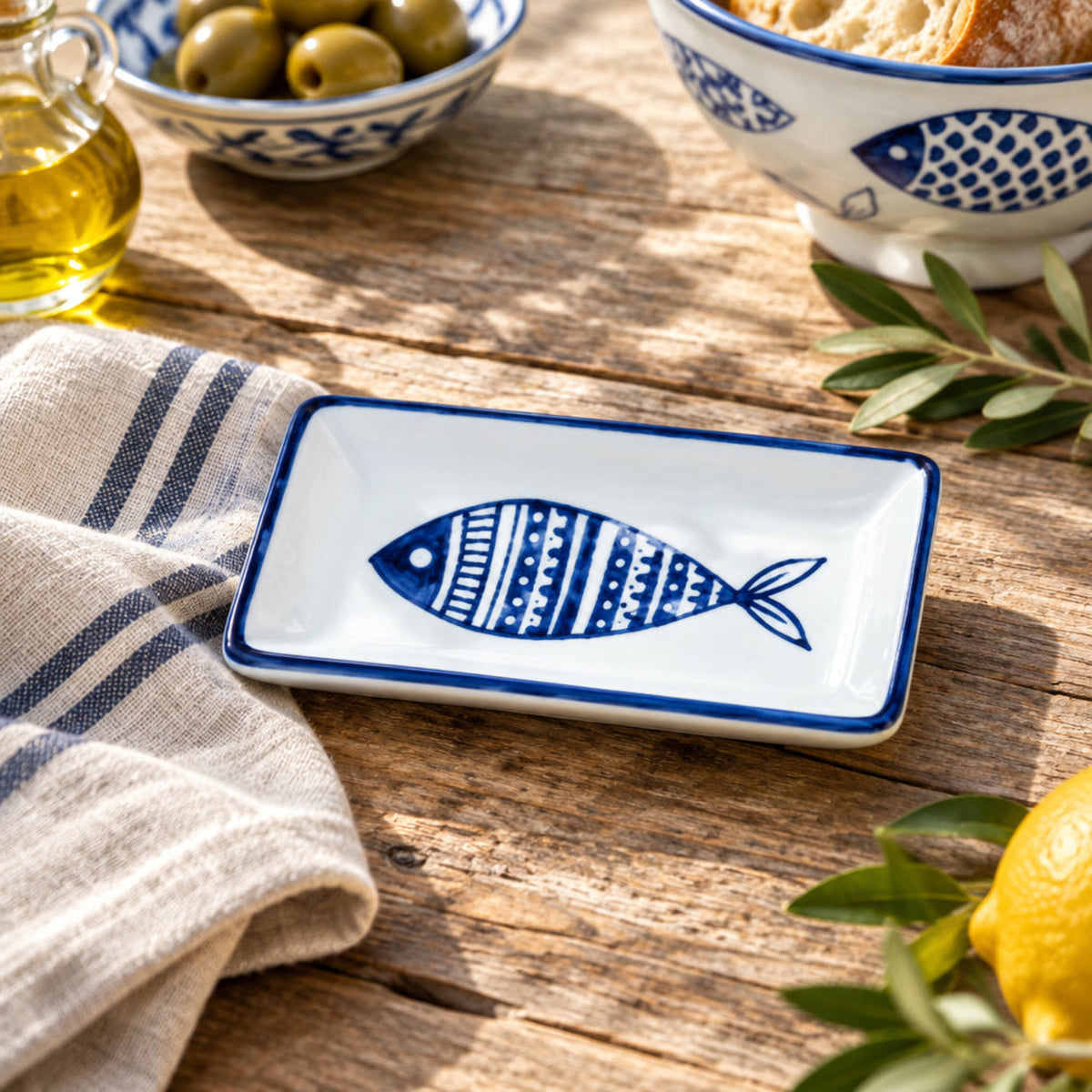 White porcelain sauce dish with blue fish design and blue trim, from The Ruddy Duck in Whitefish, Montana