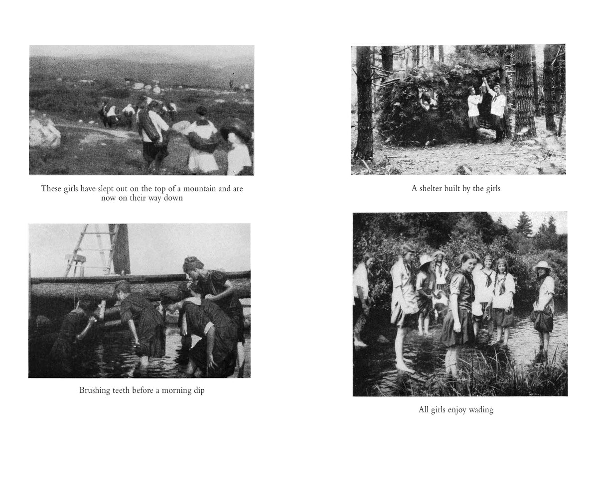 Interior pages with vintage photographs of Camp Fire Girls camping, wading, and building a shelter