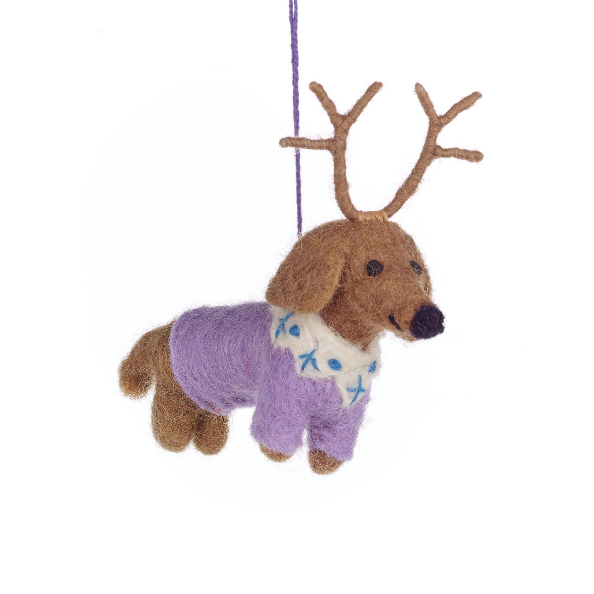 Handmade felt dachshund Christmas ornament with reindeer antlers, from The Ruddy Duck in Whitefish, Montana