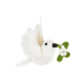 Handmade white felt dove Christmas ornament carrying mistletoe sprig, from The Ruddy Duck in Whitefish, Montana
