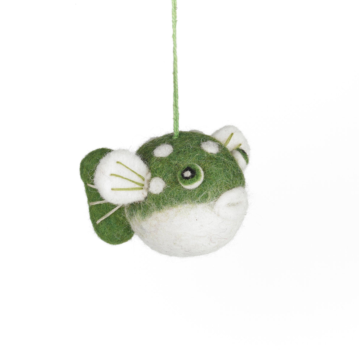 Handmade felt puffer fish ornament with bobble eyes, from The Ruddy Duck in Whitefish, Montana