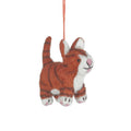 Handmade felt ginger tabby cat decoration with white belly and black stripes, from The Ruddy Duck in Whitefish, Montana