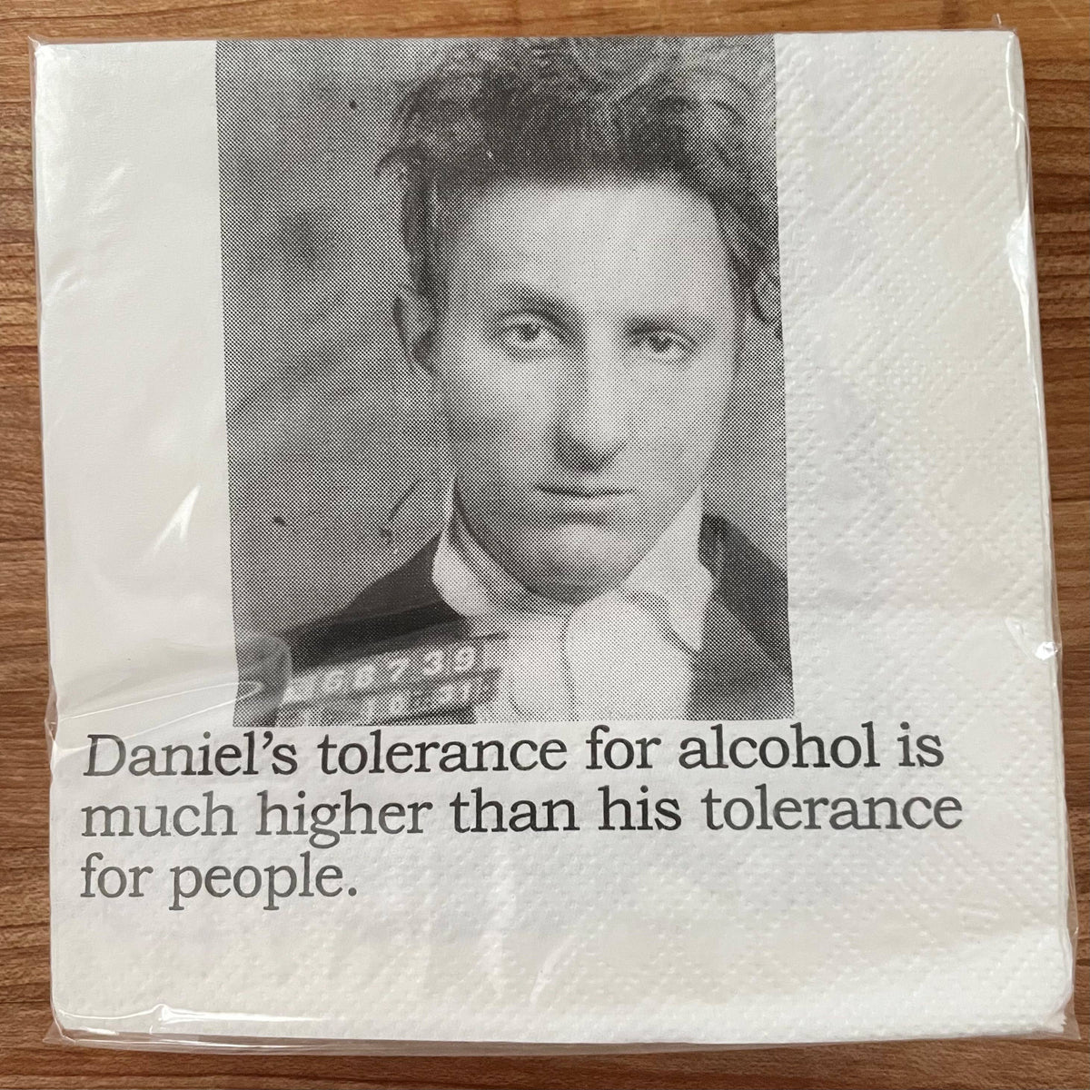 Daniel's Tolerance for Alcohol funny mugshot cocktail napkins, pack of 20, from The Ruddy Duck in Whitefish, Montana