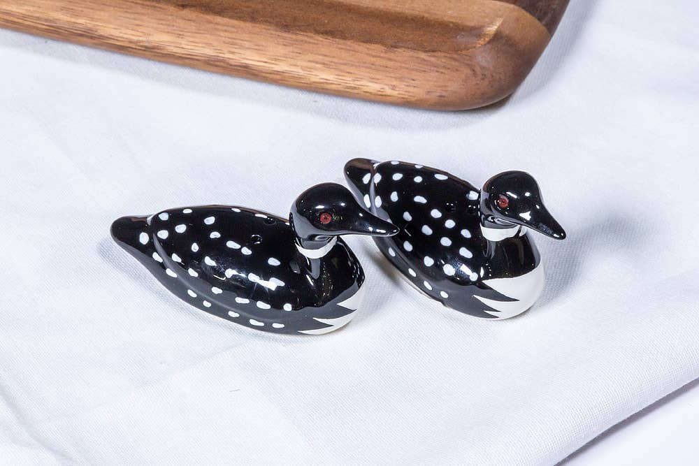 Black and white ceramic loon salt and pepper shakers, from The Ruddy Duck in Whitefish, Montana