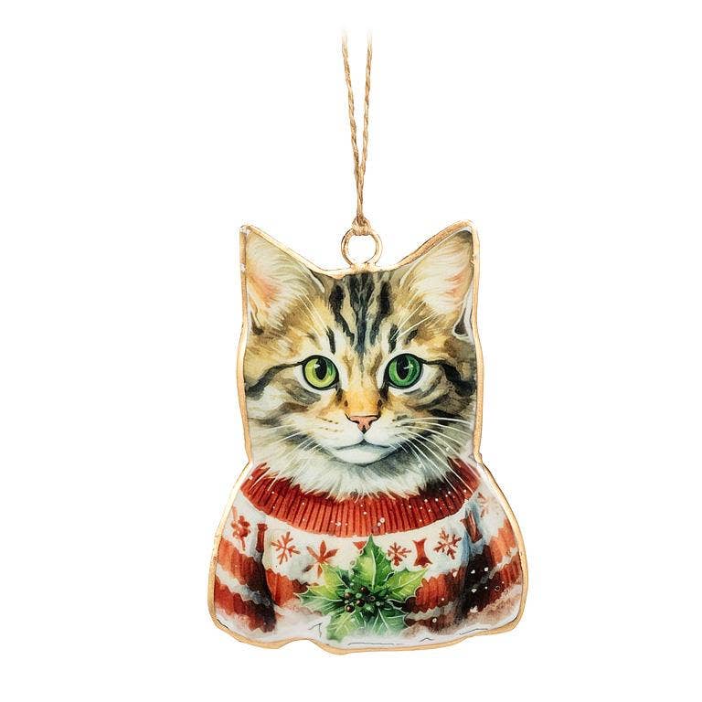 Tabby Cat in Sweater - Metal Christmas Ornament