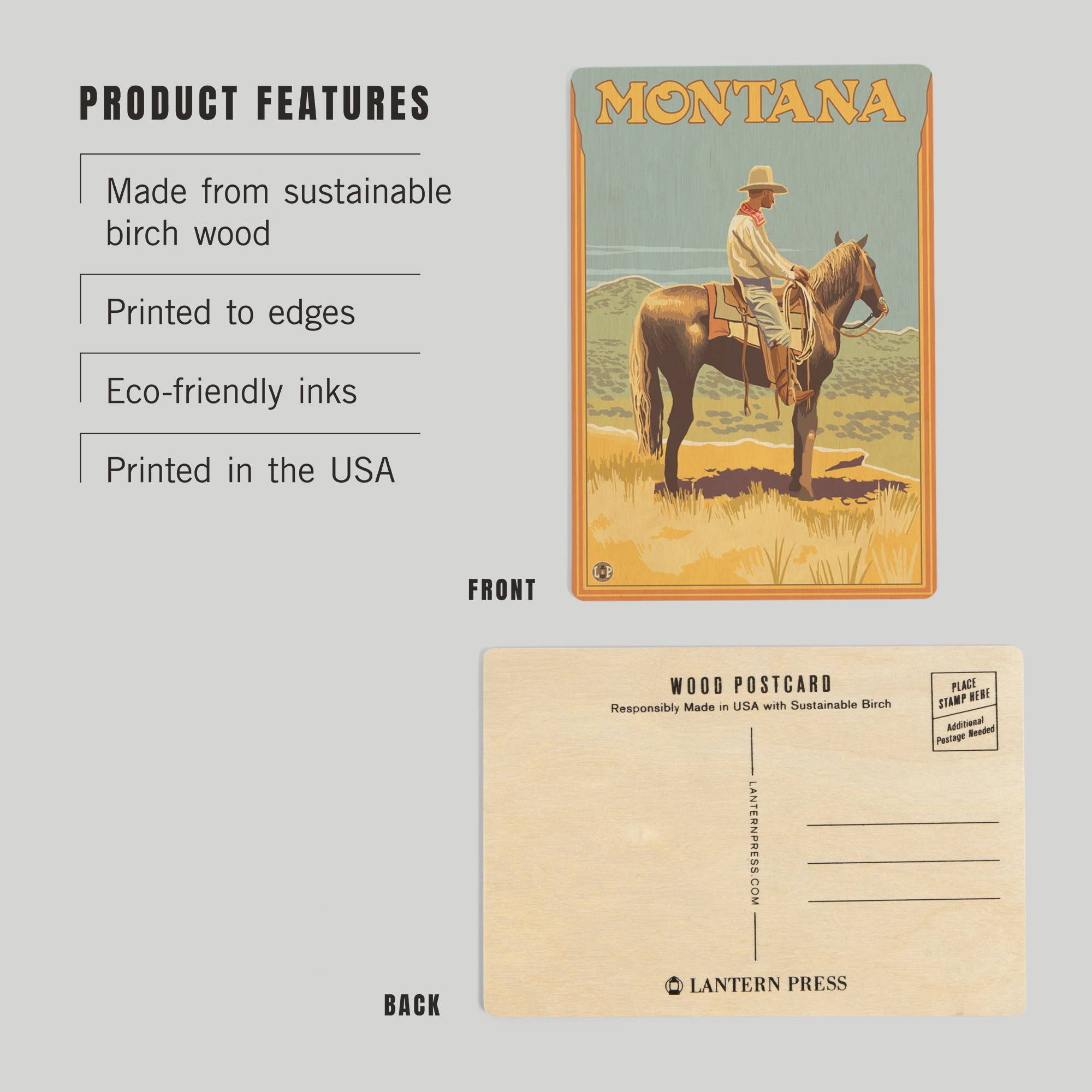 Cowboy On Horse - Montana Wood Postcard