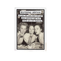 Birthday card with vintage photo of three women eating cake and humorous text on a white background.