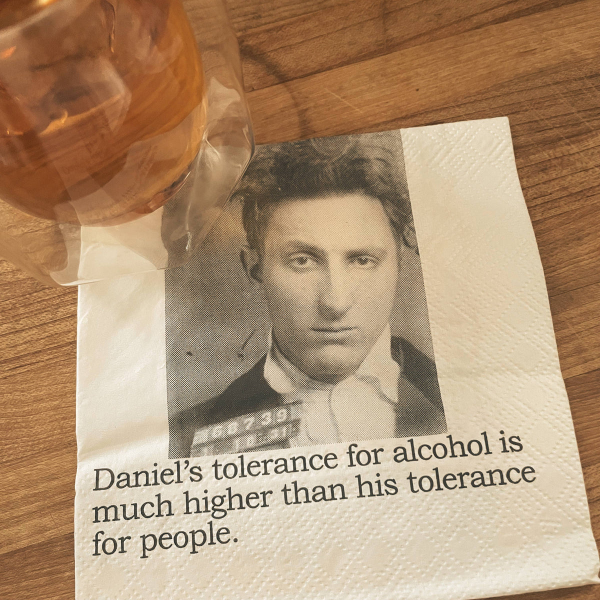 Daniel's Tolerance for Alcohol funny mugshot cocktail napkins, pack of 20, from The Ruddy Duck in Whitefish, Montana
