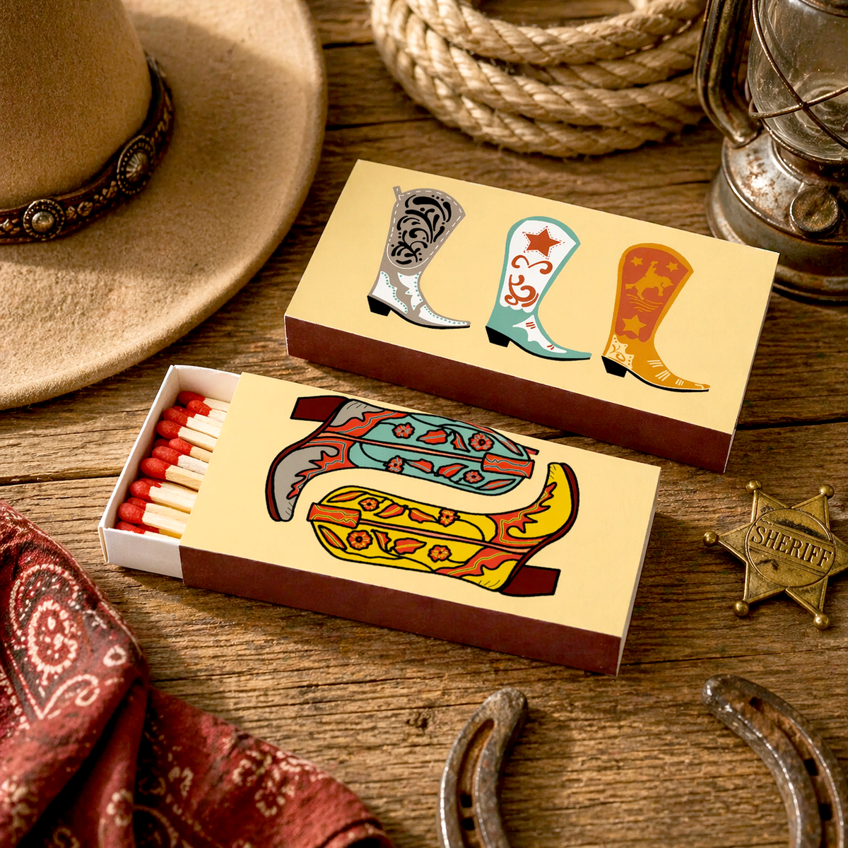 Decorative matchbox with colorful cowboy boot design holding 40 long wooden matches, from The Ruddy Duck in Whitefish, Montana