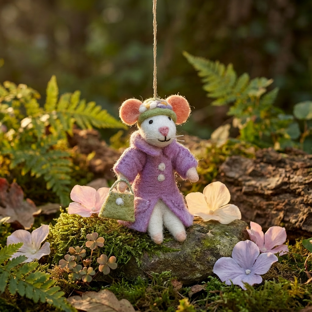 Handmade felt mouse decoration in lilac coat and green flowered hat with handbag, from The Ruddy Duck in Whitefish, Montana