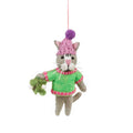 Handmade felt cat Christmas ornament in neon green sweater and pink bobble hat with mistletoe, from The Ruddy Duck in Whitefish, Montana