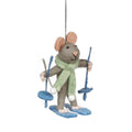 Handmade felt skiing mouse Christmas ornament in winter outfit, from The Ruddy Duck in Whitefish, Montana