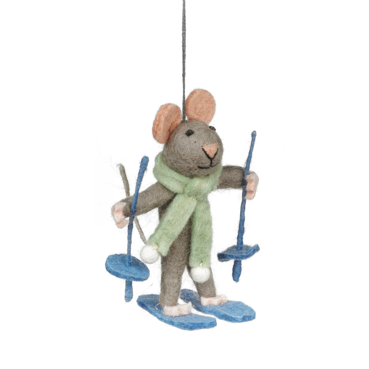 Handmade felt skiing mouse Christmas ornament in winter outfit, from The Ruddy Duck in Whitefish, Montana