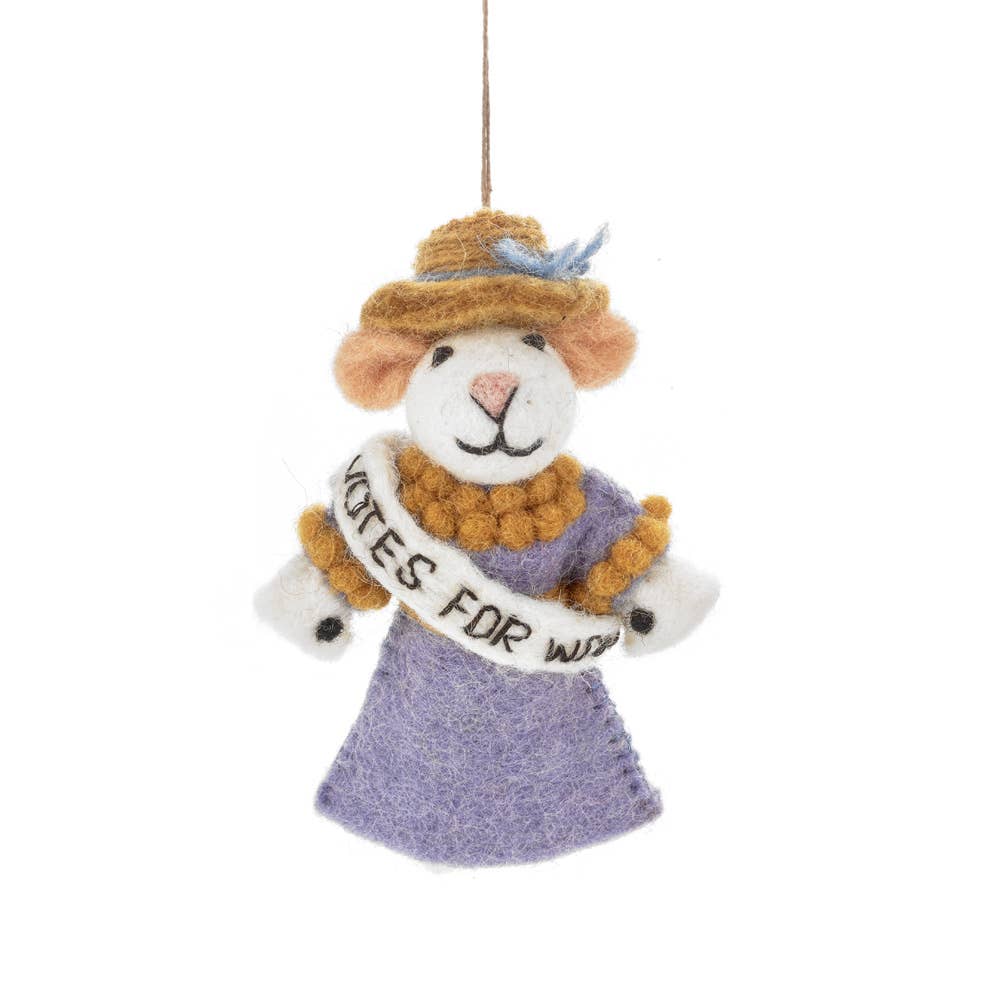 Handmade felt suffragette mouse ornament with Votes For Women sash, from The Ruddy Duck in Whitefish, Montana