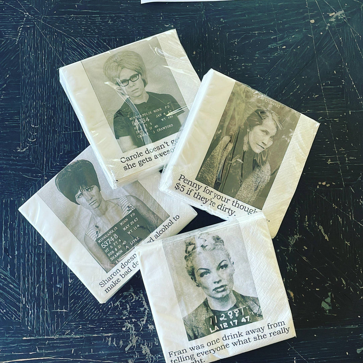 Diane Drinks Responsibly funny mugshot cocktail napkins, pack of 20, from The Ruddy Duck in Whitefish, Montana