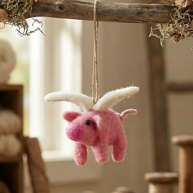 Handmade needle felted flying pig ornament with stitched wings, from The Ruddy Duck in Whitefish, Montana