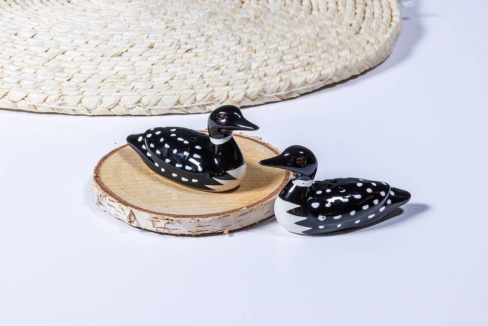 Black and white ceramic loon salt and pepper shakers, from The Ruddy Duck in Whitefish, Montana