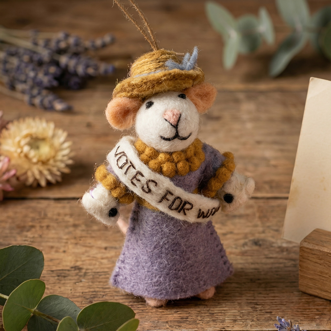 Handmade felt suffragette mouse ornament with Votes For Women sash, from The Ruddy Duck in Whitefish, Montana