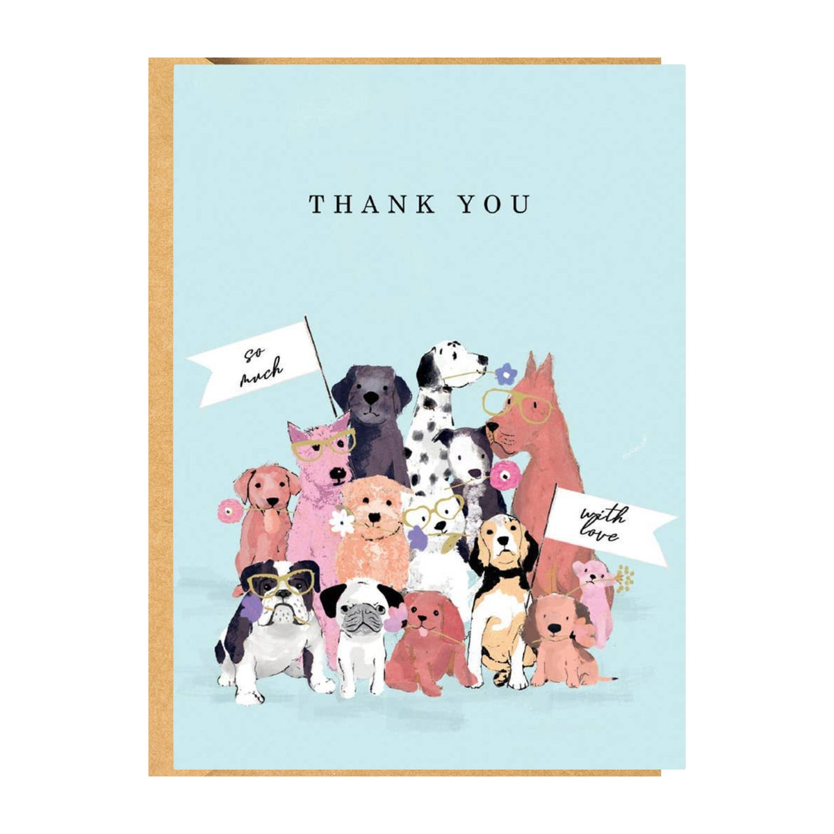 Card with illustration of various dogs and text on a light blue background