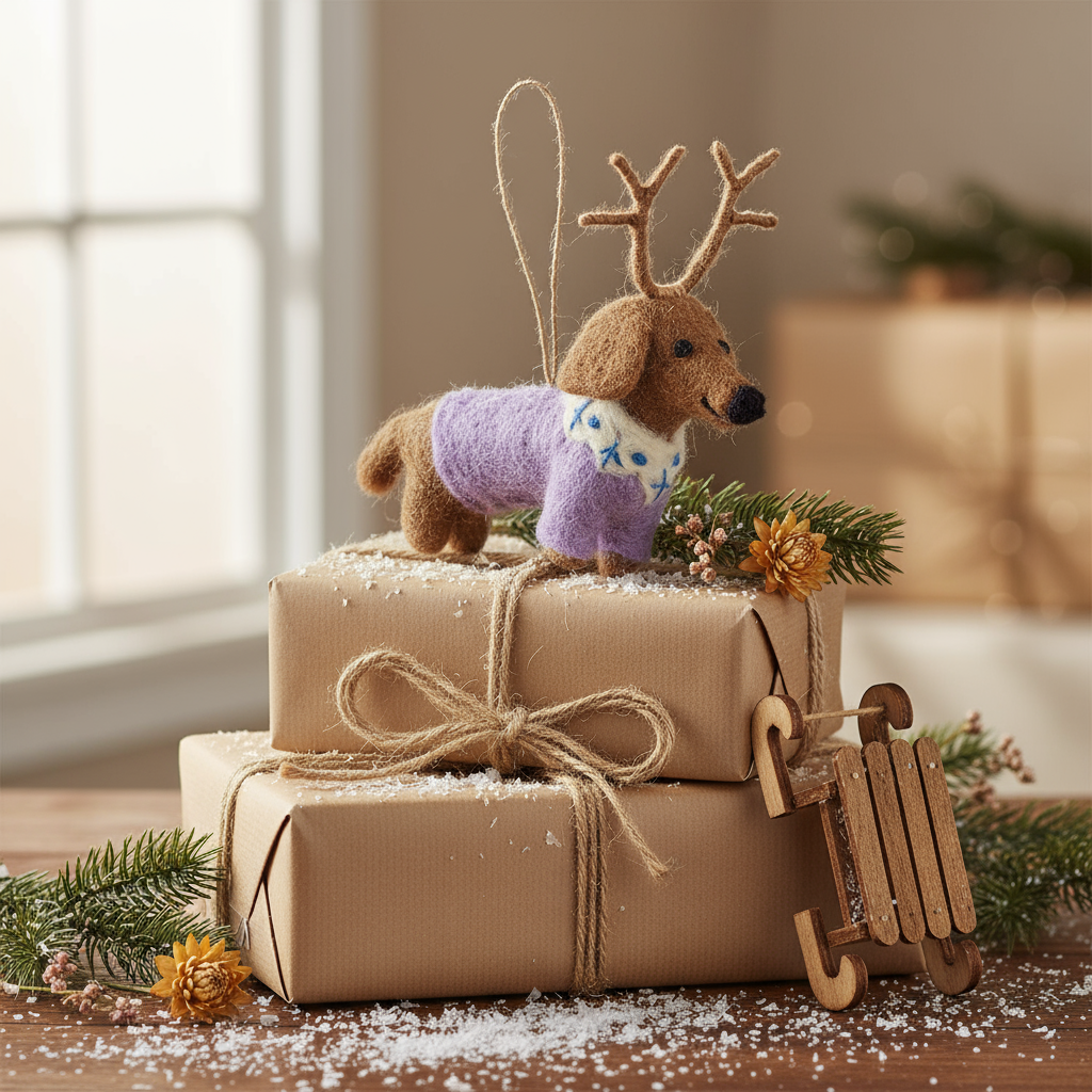 Rudy the Dachshund - Felt Antler Christmas Ornament