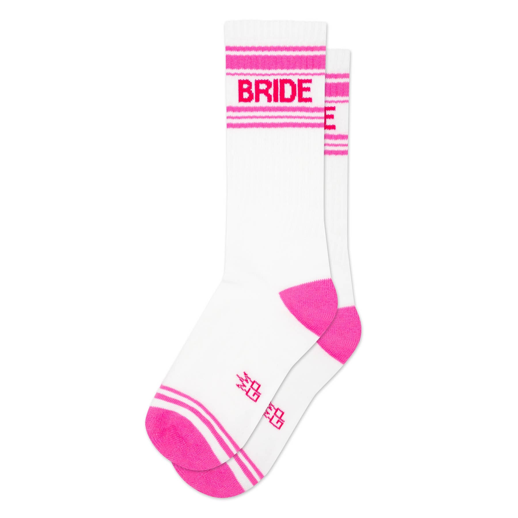 Bride gym crew socks with BRIDE knit in bold letters, by Gumball Poodle, from The Ruddy Duck in Whitefish, Montana
