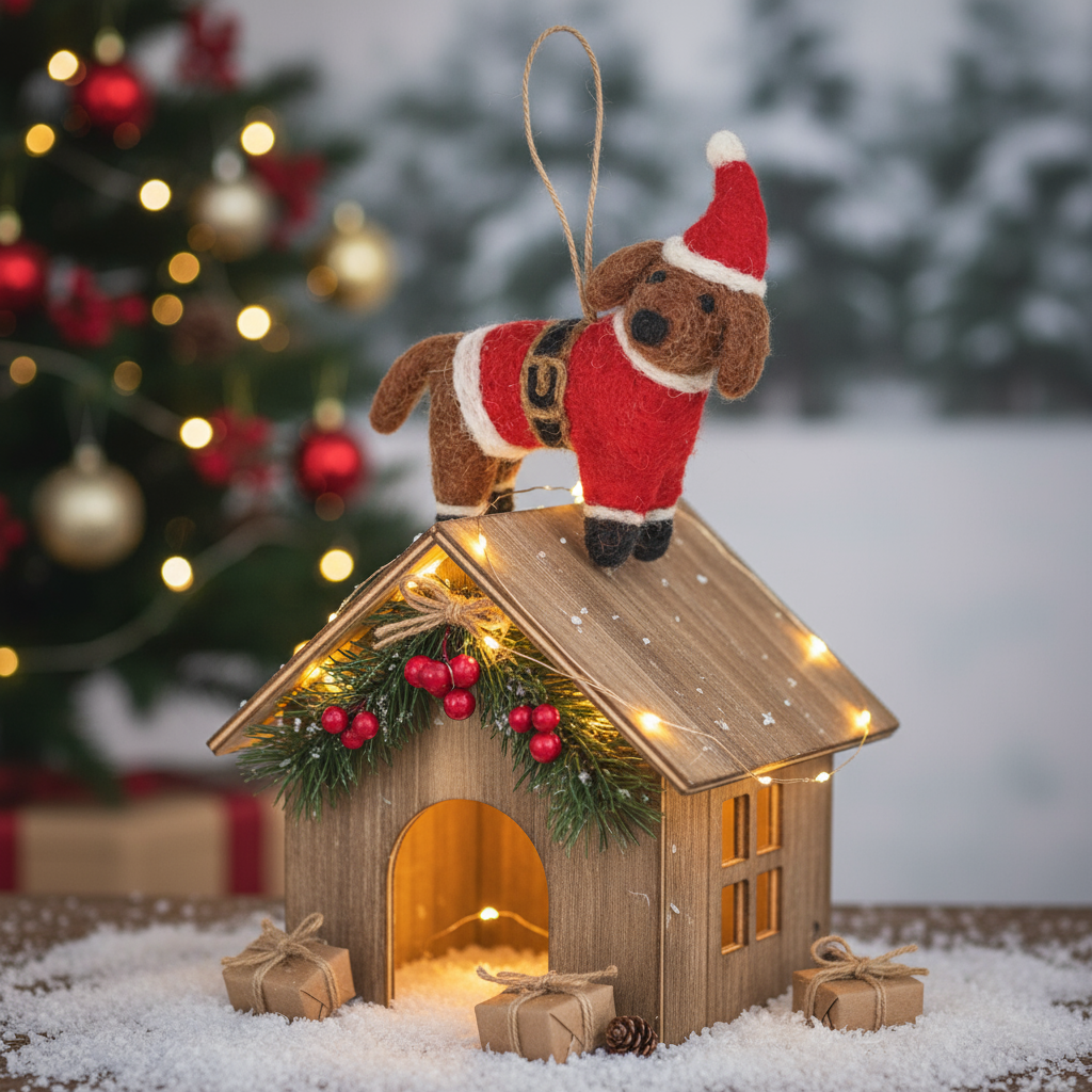 Handmade felt dog Christmas ornament in festive outfit, from The Ruddy Duck in Whitefish, Montana