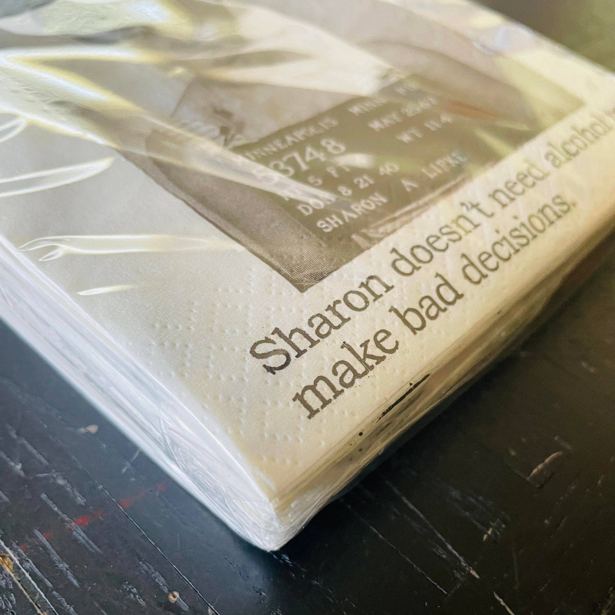 Sharon Doesn't Need Alcohol funny mugshot cocktail napkins, pack of 20, from The Ruddy Duck in Whitefish, Montana
