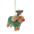 Handmade felt dachshund Christmas ornament in knit sweater and holiday hat with Rudolph nose, from The Ruddy Duck in Whitefish, Montana