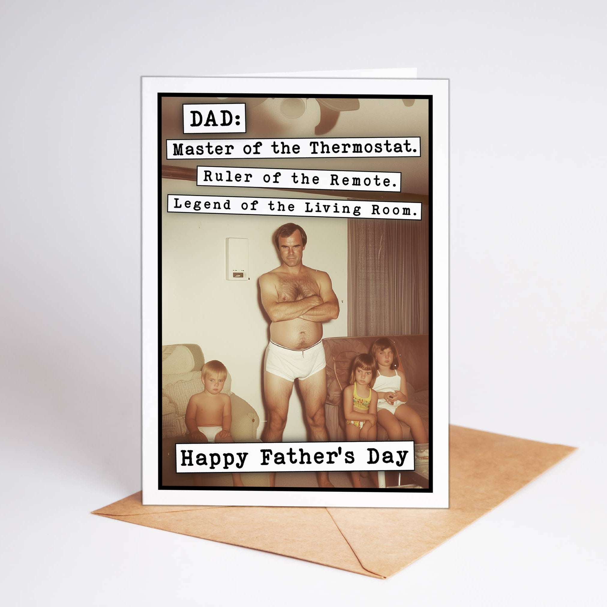 Father's Day card with a humorous illustration of a father and children, featuring text about a dad's traits.