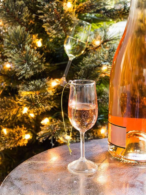 Glass white wine ornament, alternate view, from The Ruddy Duck in Whitefish, Montana