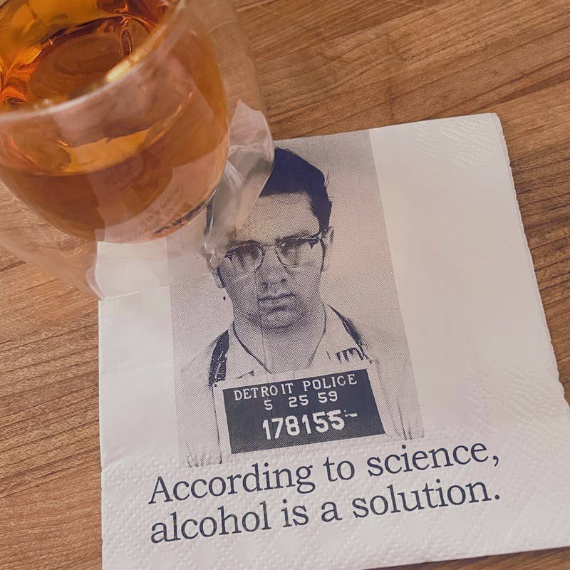 Alcohol Is a Solution funny mugshot cocktail napkins, pack of 20, from The Ruddy Duck in Whitefish, Montana