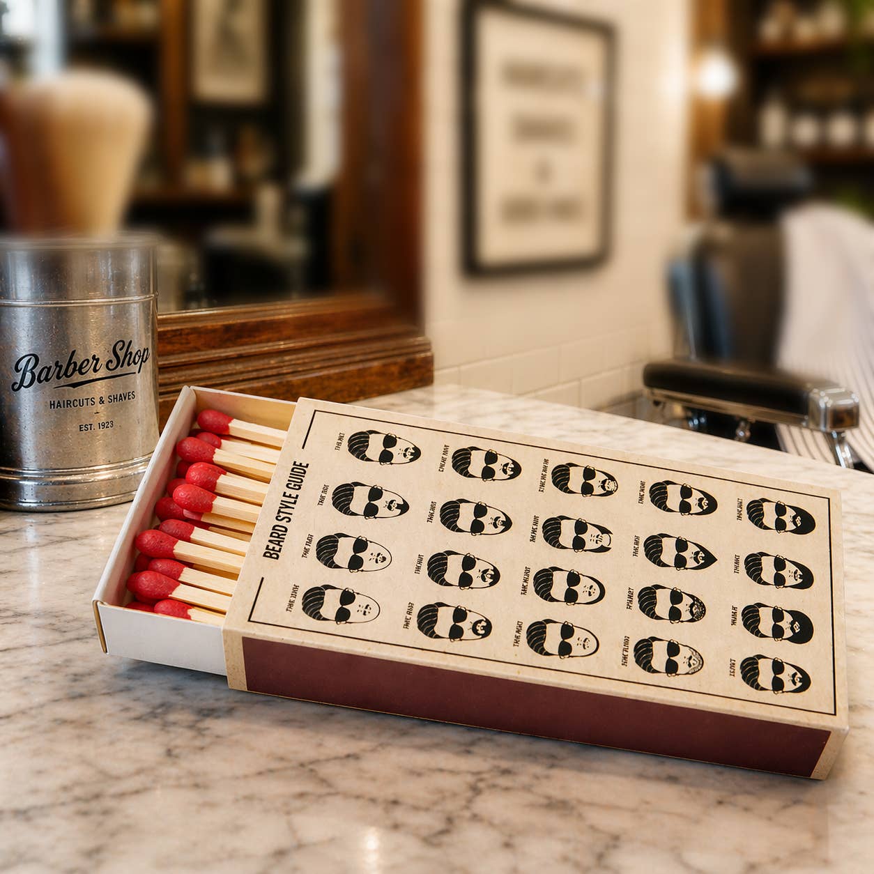 Decorative matchbox with beard design holding 40 long wooden matches, from The Ruddy Duck in Whitefish, Montana