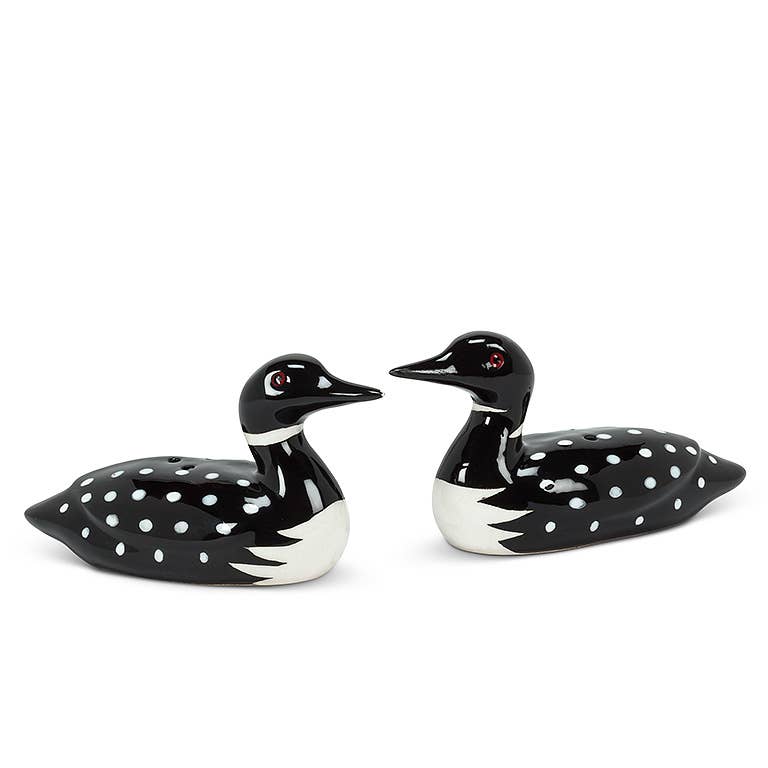 Black and white ceramic loon salt and pepper shakers, from The Ruddy Duck in Whitefish, Montana