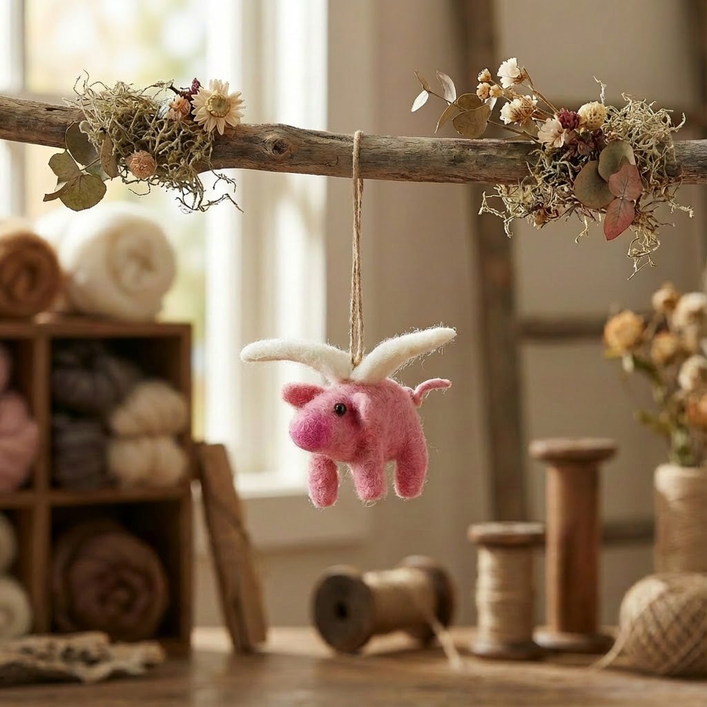 Handmade needle felted flying pig ornament with stitched wings, from The Ruddy Duck in Whitefish, Montana