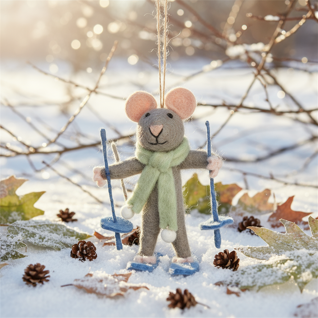 Handmade felt skiing mouse Christmas ornament in winter outfit, from The Ruddy Duck in Whitefish, Montana