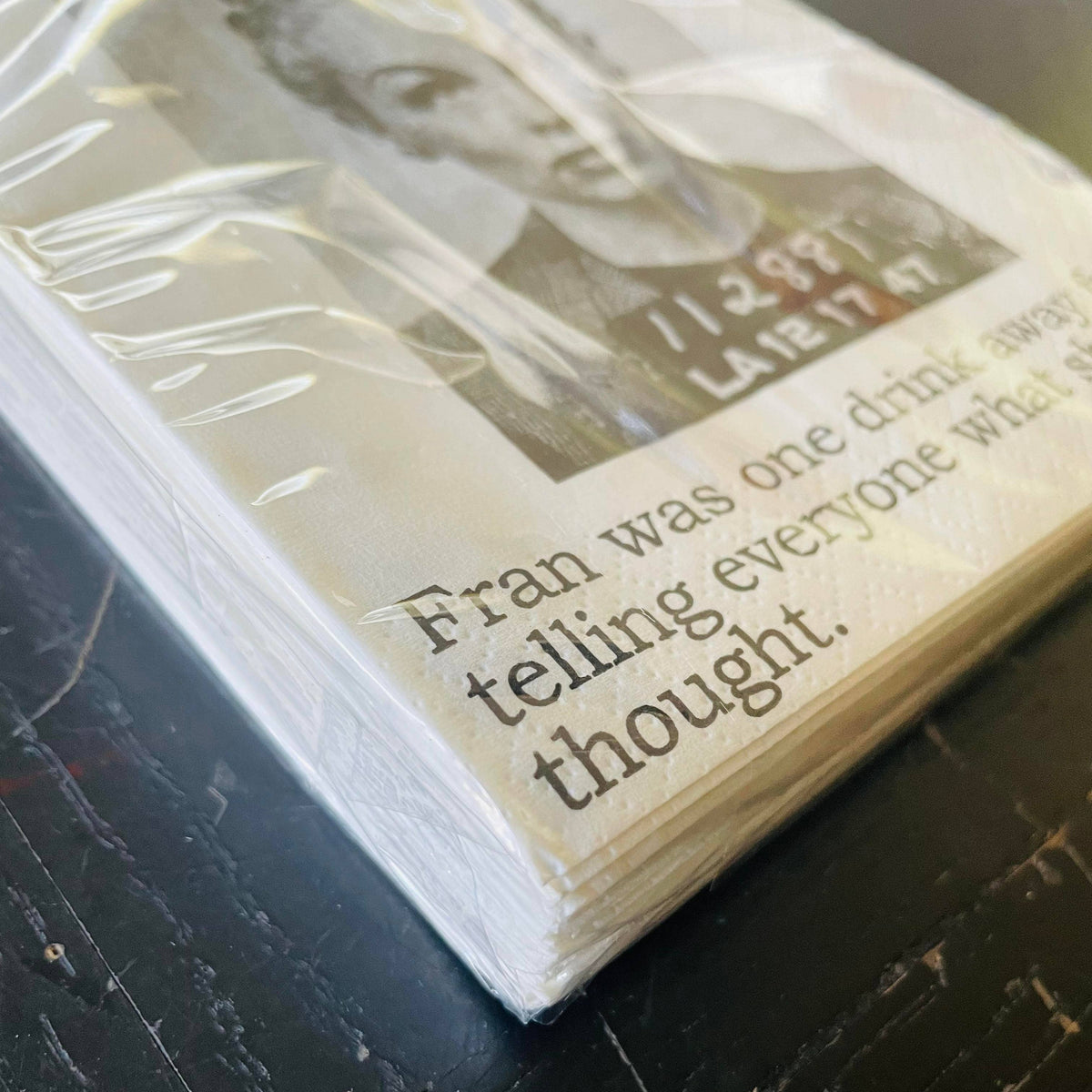 Fran Was One Drink Away funny mugshot cocktail napkins, pack of 20, from The Ruddy Duck in Whitefish, Montana