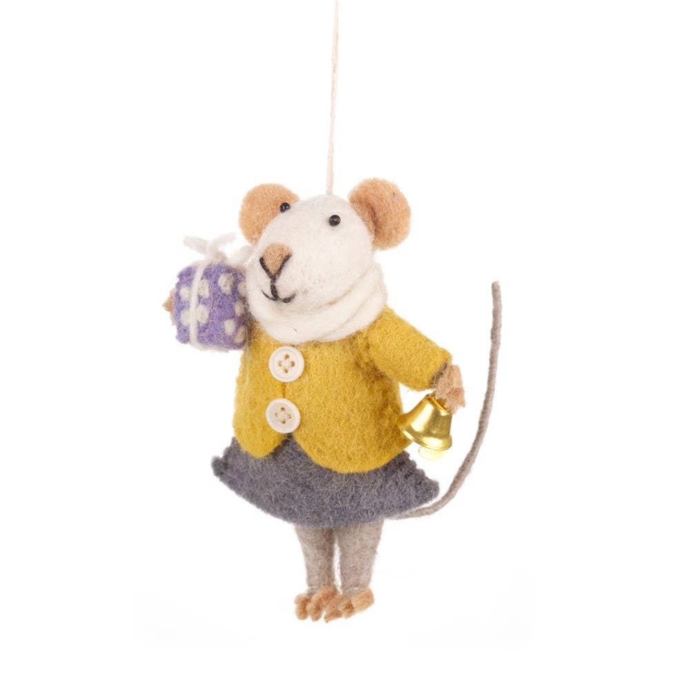 Handmade felt mouse Christmas ornament with bell and gift, from The Ruddy Duck in Whitefish, Montana