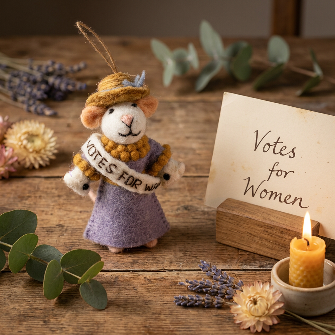 Handmade felt suffragette mouse ornament with Votes For Women sash, from The Ruddy Duck in Whitefish, Montana