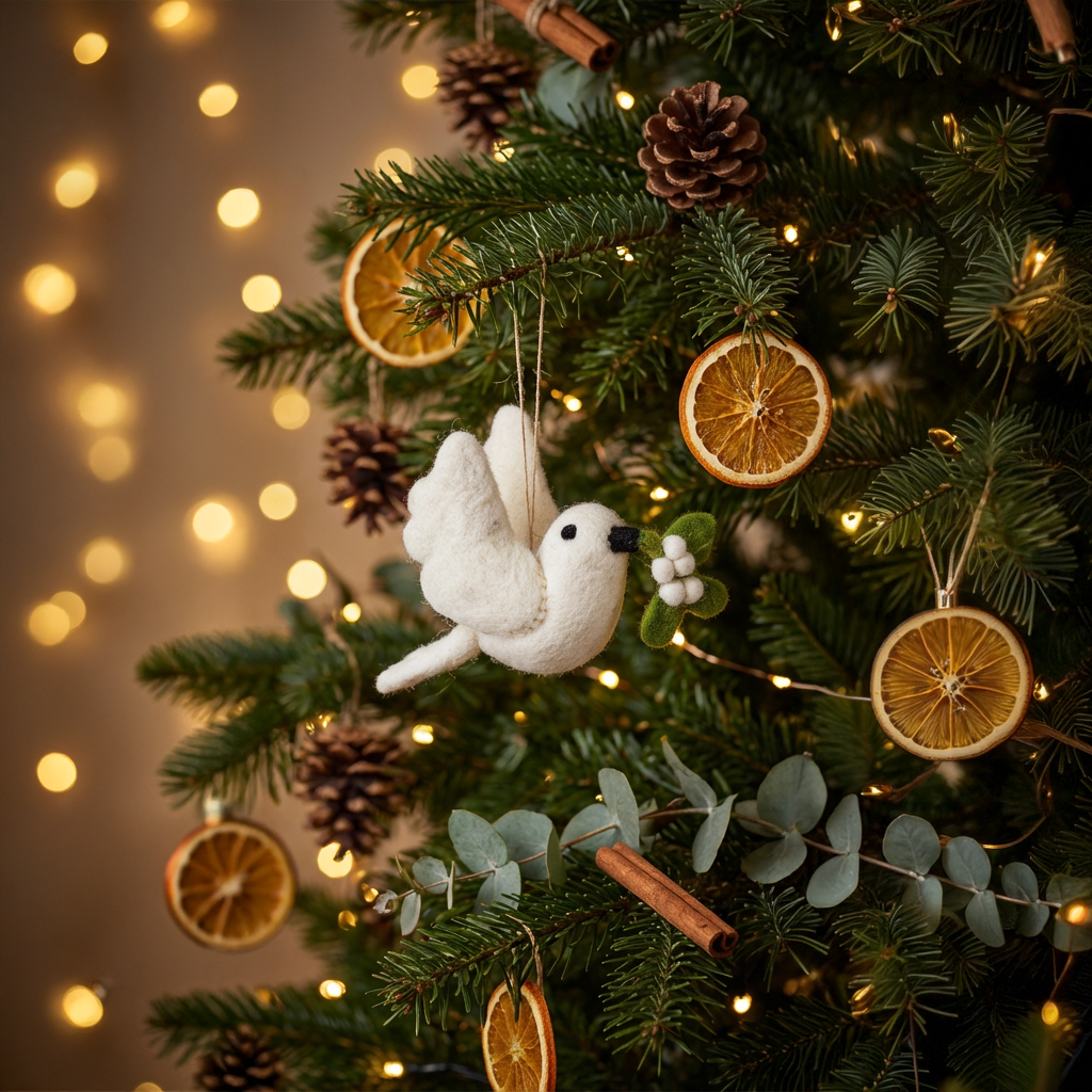 Handmade white felt dove Christmas ornament carrying mistletoe sprig, from The Ruddy Duck in Whitefish, Montana
