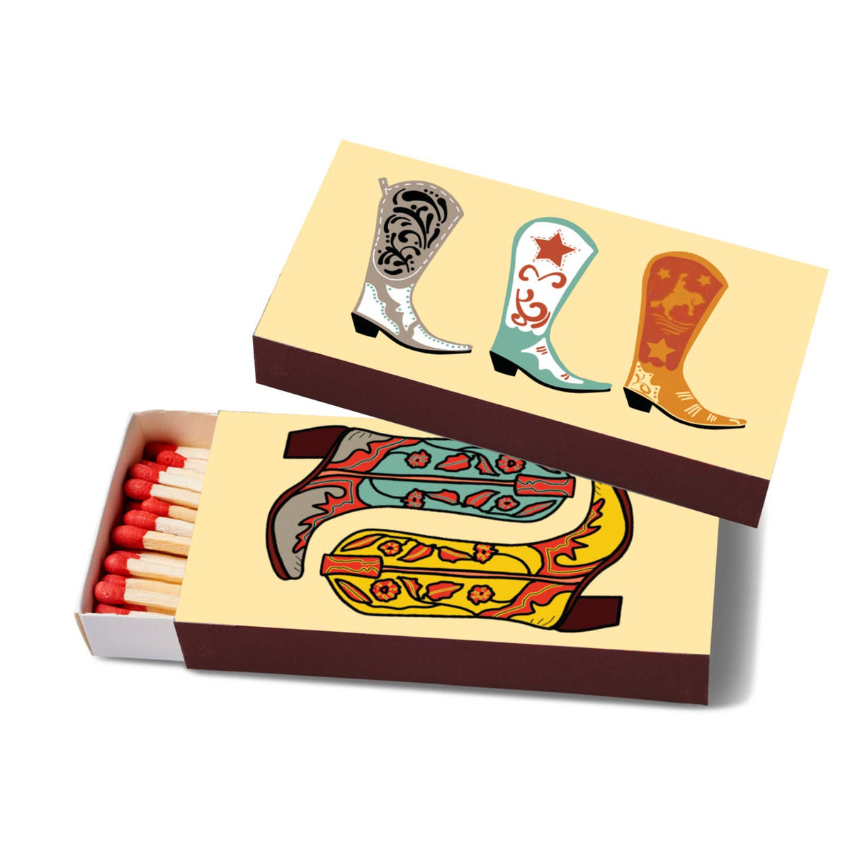 Decorative matchbox with colorful cowboy boot design holding 40 long wooden matches, from The Ruddy Duck in Whitefish, Montana