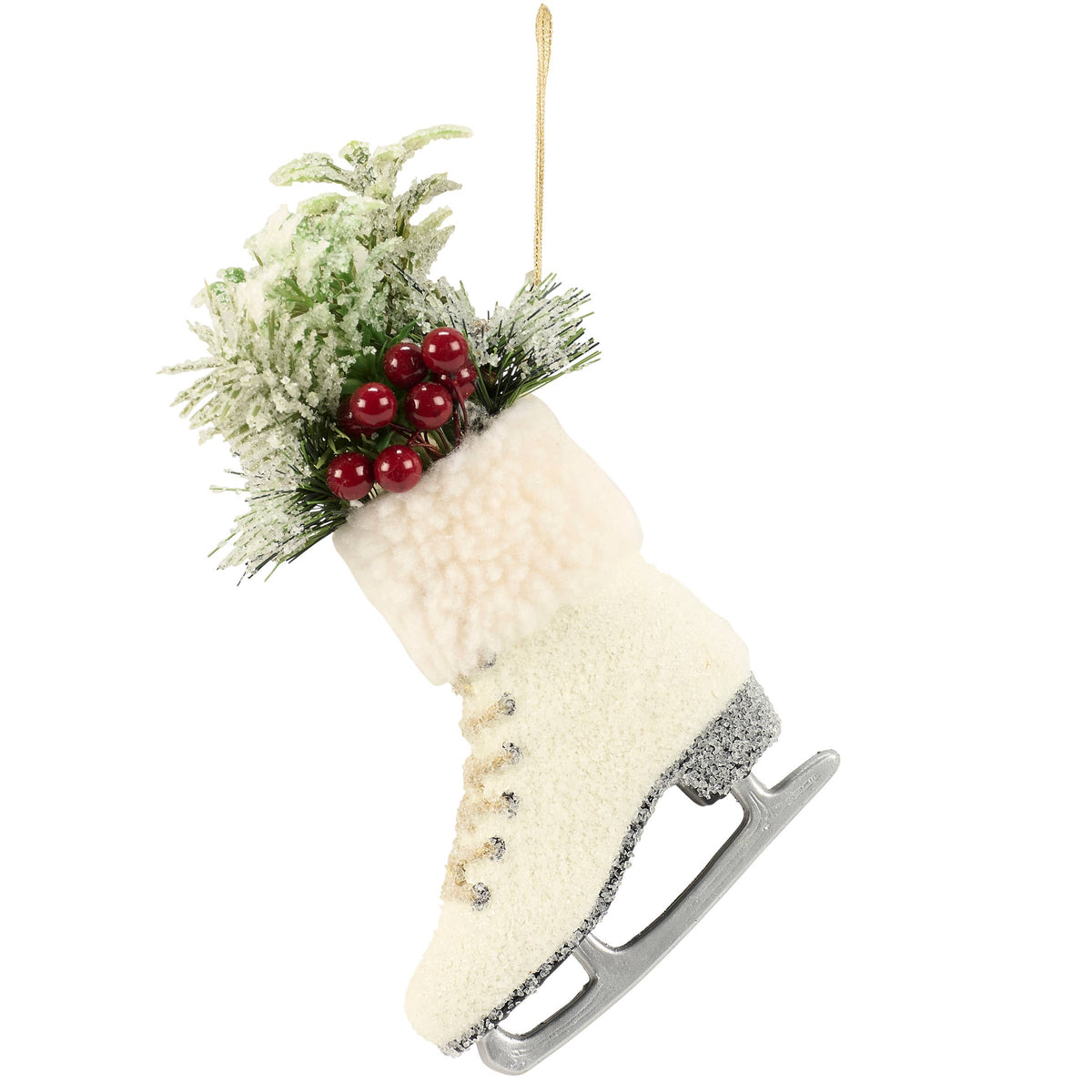 Vintage-style white ice skate Christmas ornament with frosted mica finish, faux fur trim, silver blade, and snowy greenery with red berries, from The Ruddy Duck in Whitefish, Montana