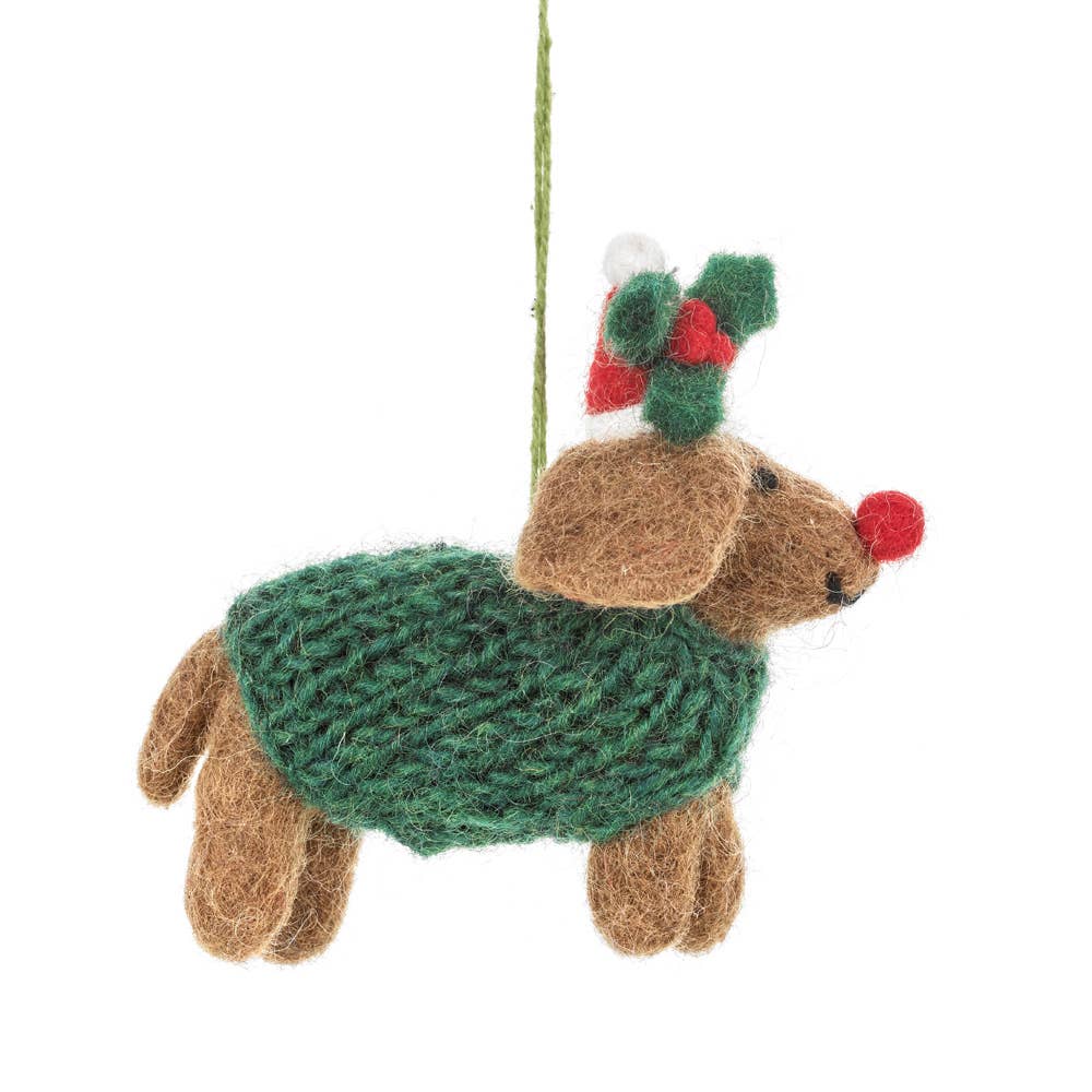 Handmade felt dachshund Christmas ornament in knit sweater and holiday hat with Rudolph nose, from The Ruddy Duck in Whitefish, Montana