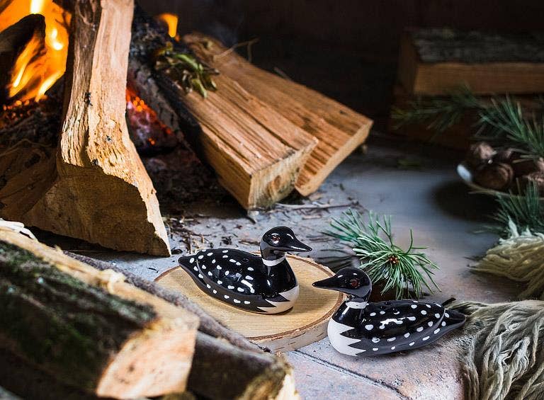 Black and white ceramic loon salt and pepper shakers, from The Ruddy Duck in Whitefish, Montana