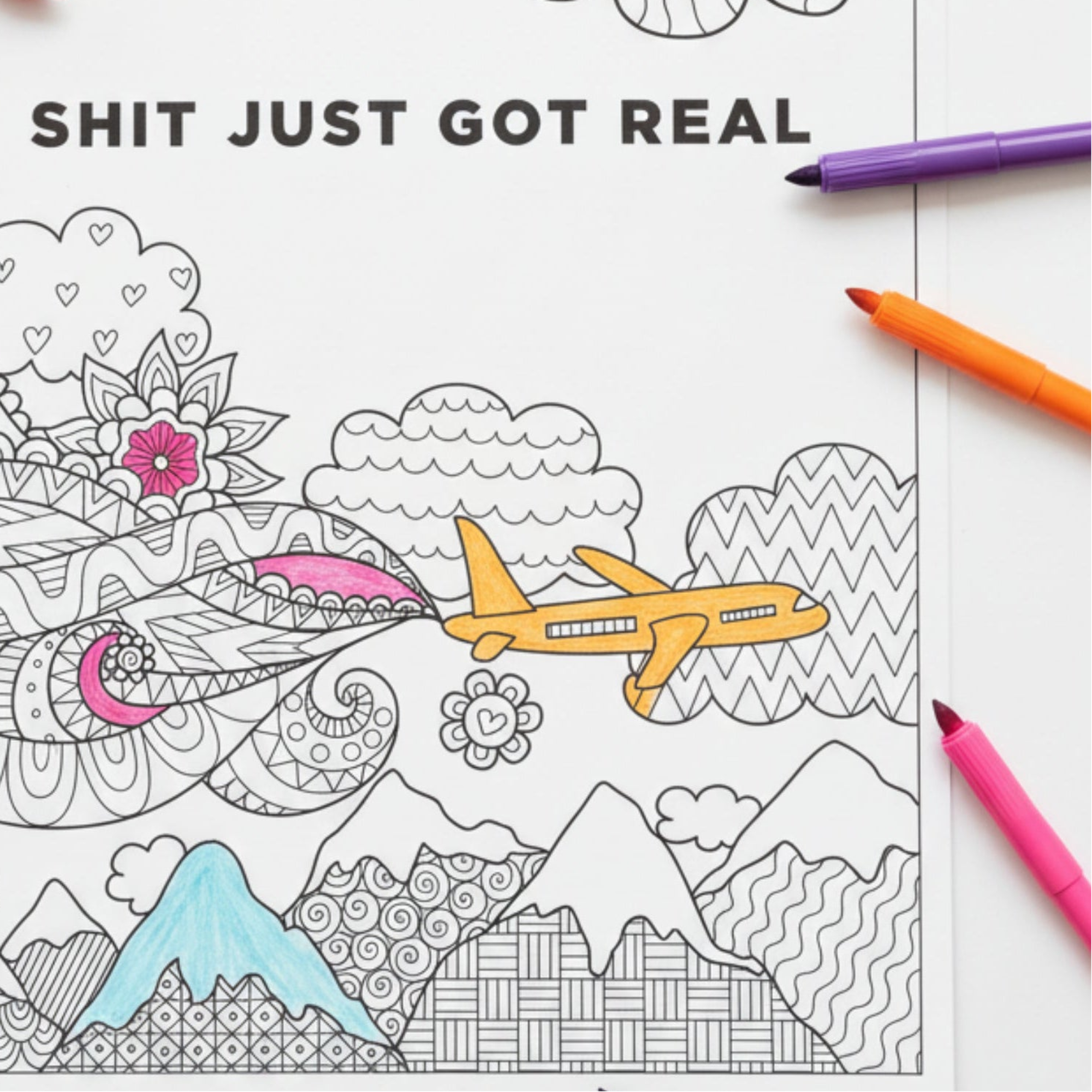 Coloring book page with airplane, mountains, and text 'Shit just got real' surrounded by abstract patterns.
